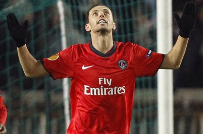 Paris St Germain's Nene celebrates after scoring against Sevilla during the Europa League Group J soccer match at Parc des Princes stadium in Paris